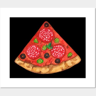 Watercolor slice of salami pizza with olives and cucumber Posters and Art